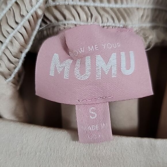 Show Me Your Mumu "Claire" champagne gold satin midi dress with bottom ruffle, l - Picture 10 of 12